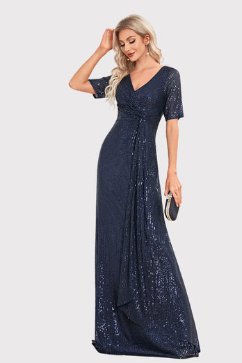 Sparkly V-Neck Navy Long Formal Dress with Short Sleeves