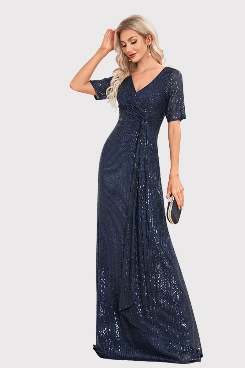 Load image into Gallery viewer, Sparkly V-Neck Navy Long Formal Dress with Short Sleeves