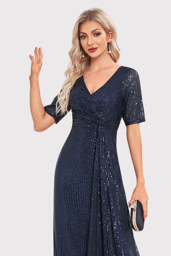 Sparkly V-Neck Navy Long Formal Dress with Short Sleeves