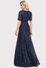 Load image into Gallery viewer, Sparkly V-Neck Navy Long Formal Dress with Short Sleeves