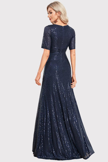 Sparkly V-Neck Navy Long Formal Dress with Short Sleeves