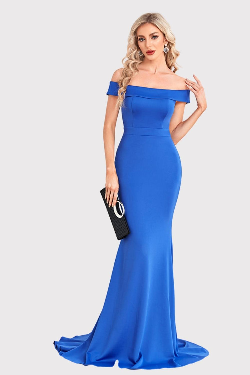 Load image into Gallery viewer, Satin Mermaid Off The Shoulder Royal Blue Long Formal Dress