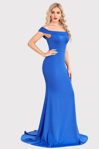 Satin Mermaid Off The Shoulder Royal Blue Long Formal Dress