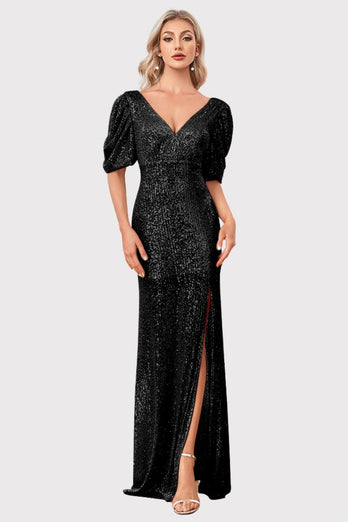 Sparkly V-Neck Champagne Formal Dress with Split Front