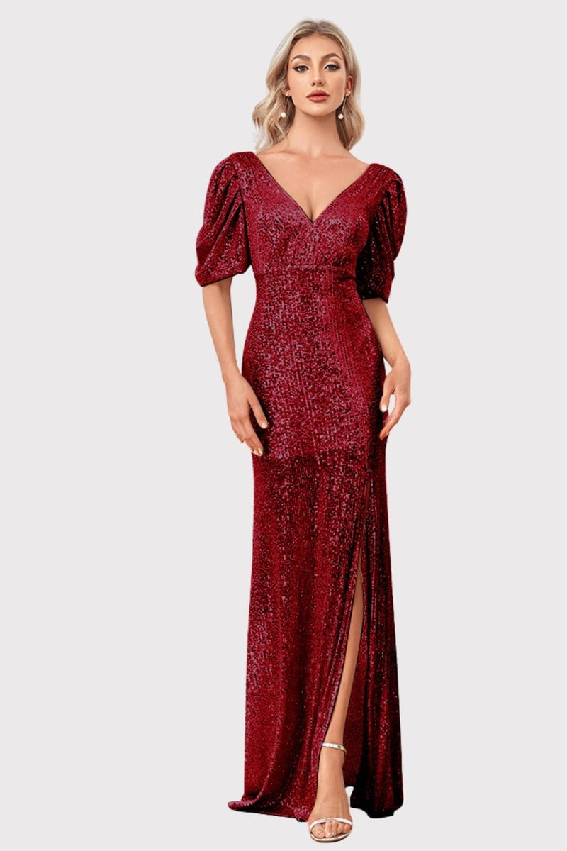 Load image into Gallery viewer, Sparkly V-Neck Champagne Formal Dress with Split Front