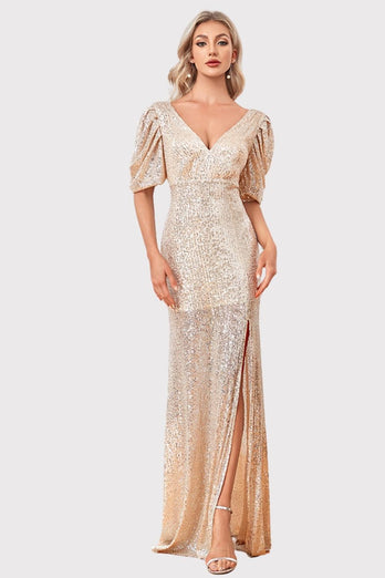 Sparkly V-Neck Champagne Formal Dress with Split Front