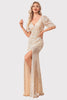 Load image into Gallery viewer, Sparkly V-Neck Champagne Formal Dress with Split Front