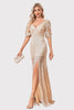 Load image into Gallery viewer, Sparkly V-Neck Champagne Formal Dress with Split Front