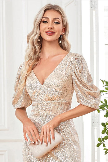 Sparkly V-Neck Champagne Formal Dress with Split Front