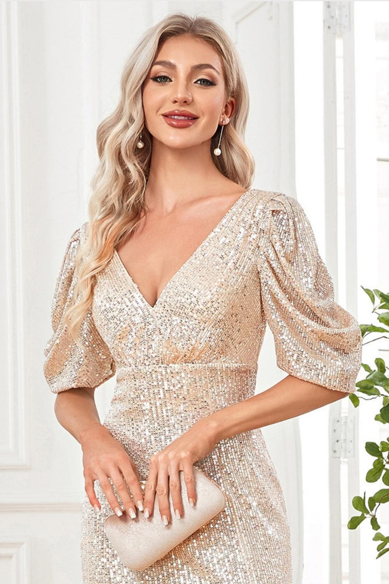 Load image into Gallery viewer, Sparkly V-Neck Champagne Formal Dress with Split Front