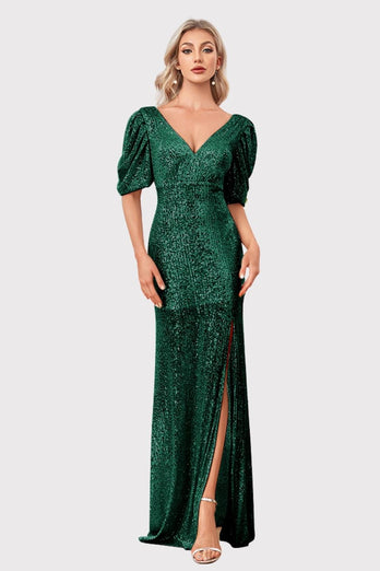 Sparkly V-Neck Champagne Formal Dress with Split Front