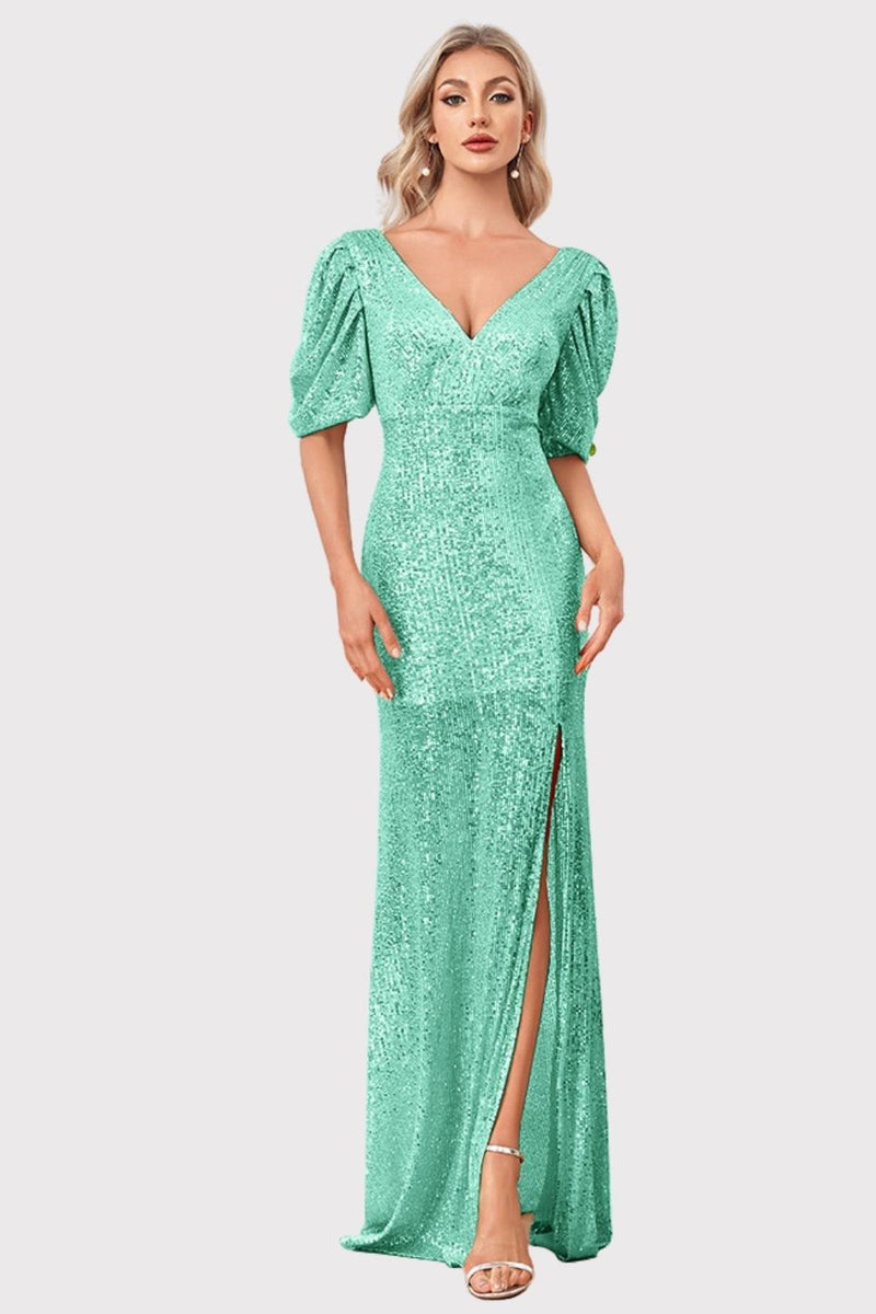 Load image into Gallery viewer, Sparkly V-Neck Champagne Formal Dress with Split Front