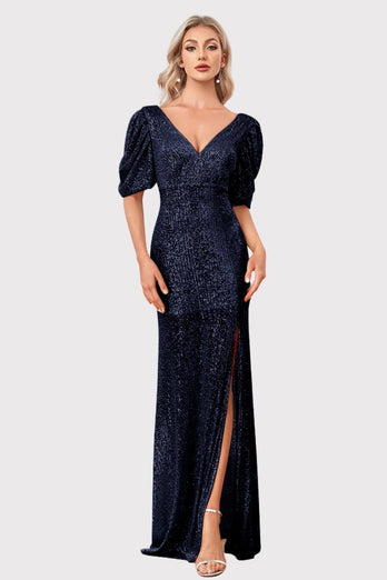 Sparkly V-Neck Champagne Formal Dress with Split Front