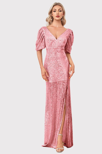 Sparkly V-Neck Champagne Formal Dress with Split Front