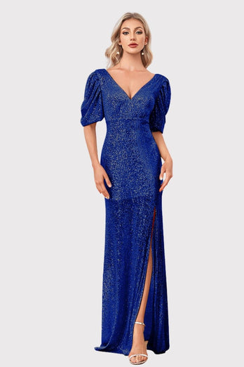 Sparkly V-Neck Champagne Formal Dress with Split Front