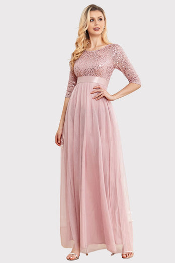 Boat Neck Blush Formal Dress with Sleeves