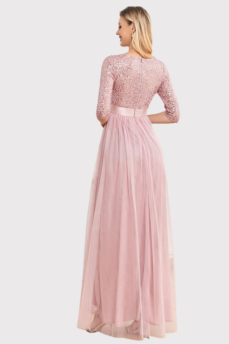 Load image into Gallery viewer, Boat Neck Blush Formal Dress with Sleeves