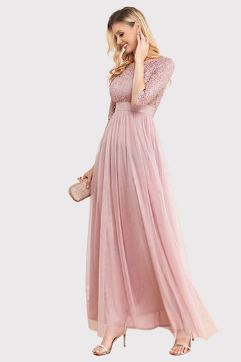 Boat Neck Blush Formal Dress with Sleeves