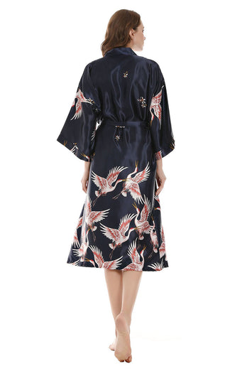 Black Crane Printed Kimono Bridal Party Robe