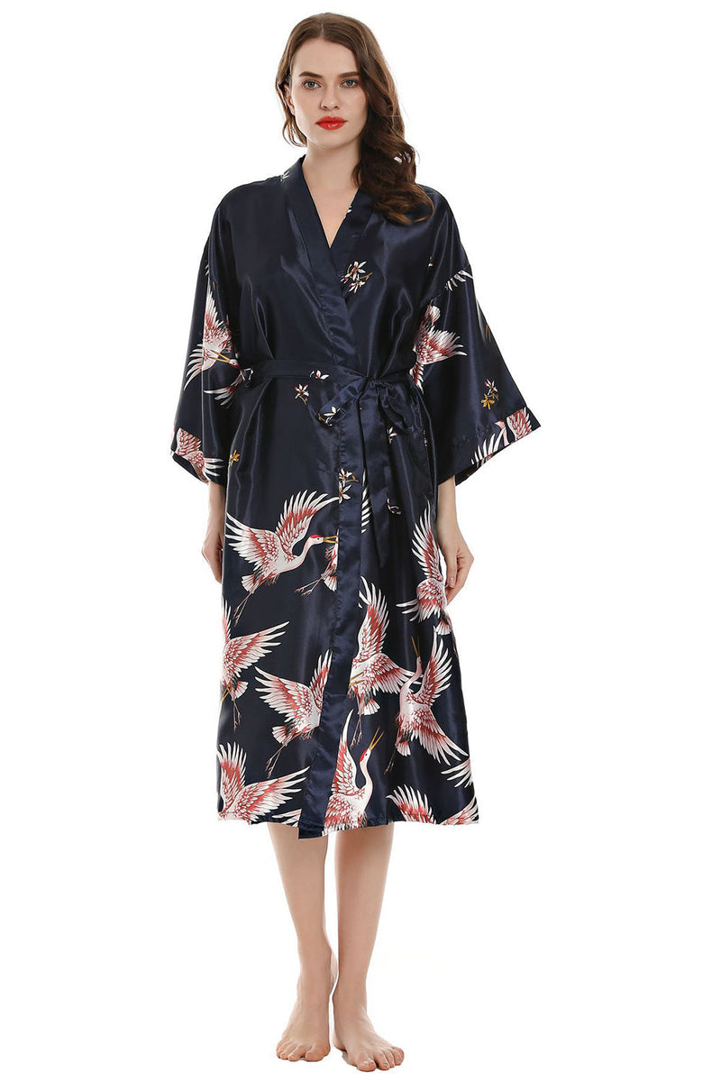 Load image into Gallery viewer, Black Crane Printed Kimono Bridal Party Robe