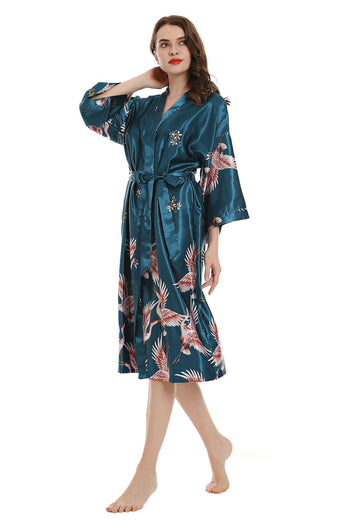 Black Crane Printed Kimono Bridal Party Robe