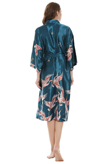 Black Crane Printed Kimono Bridal Party Robe