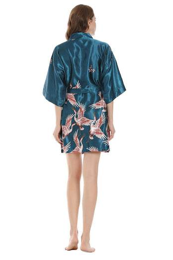 Blue Crane Printed Short Bridal Party Robe