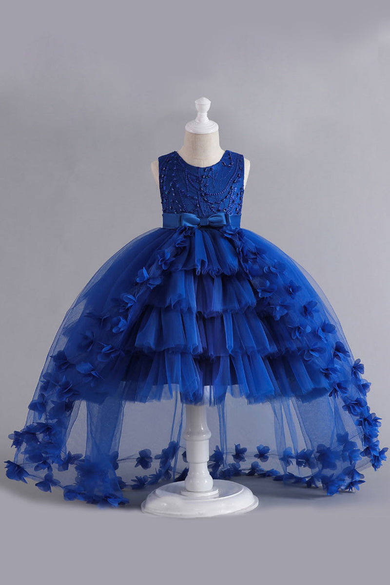 Load image into Gallery viewer, Blue High Low Girls&#39; Dress With Bowknot