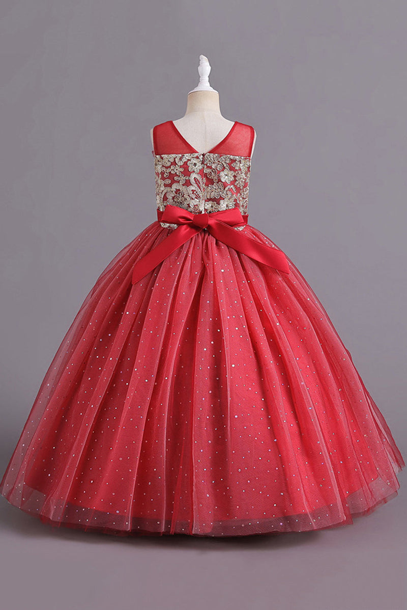 Load image into Gallery viewer, Red A Line Beaded Girls&#39; Dress With Bow