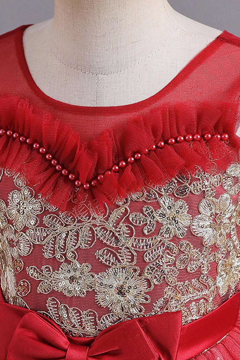 Load image into Gallery viewer, Red A Line Beaded Girls&#39; Dress With Bow