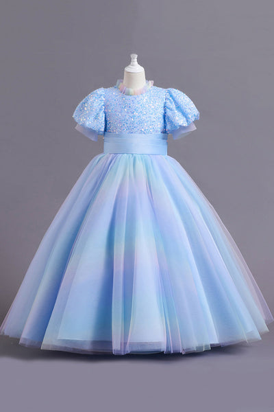 Puff Sleeves Blue Sequins Tulle Girls' Dress