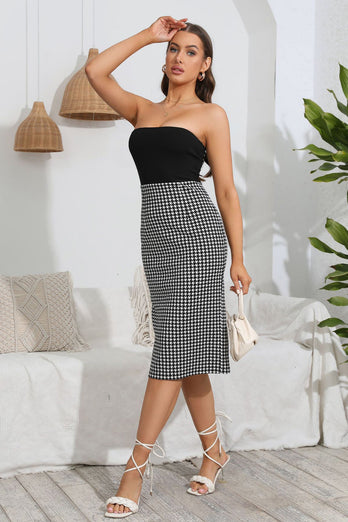 Strapless Plaid Bodycon Cocktail Dress with Slit