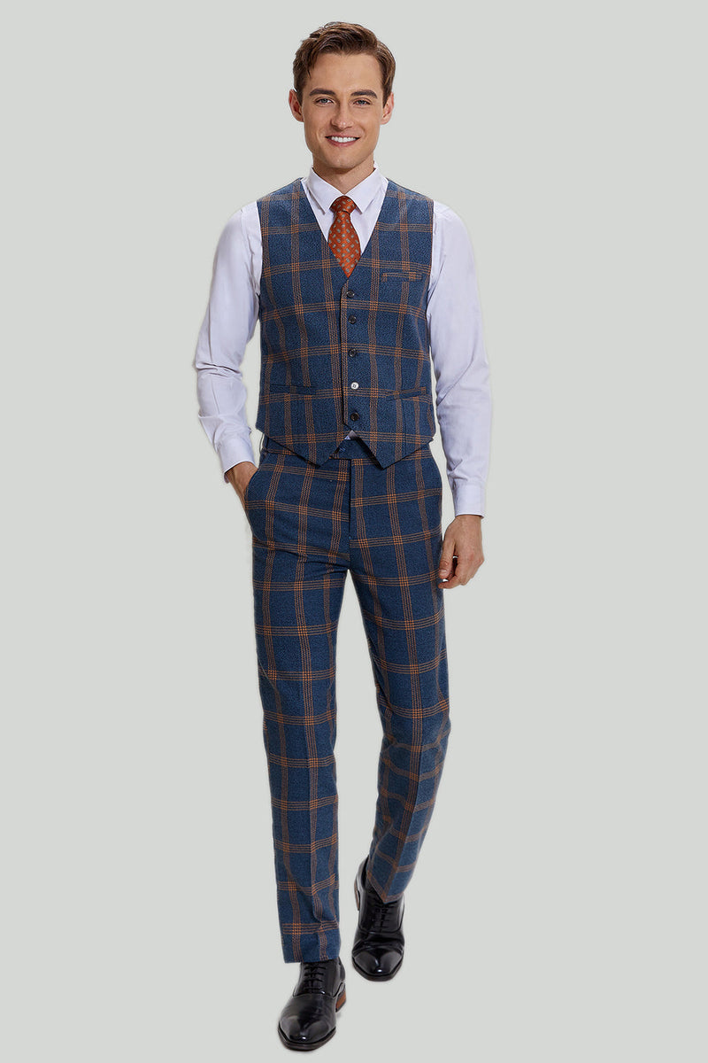 Load image into Gallery viewer, Grey Blue Men&#39;s 3 Piece Plaid Notched Lapel Prom Suits