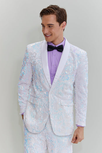 Sparkly White Sequined 2 Piece Men's Formal Party Suits