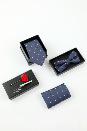 Navy Men's 5-Piece Accessory Set Tie and Bow Tie Pocket Square Flower Lapel Pin Tie Clip