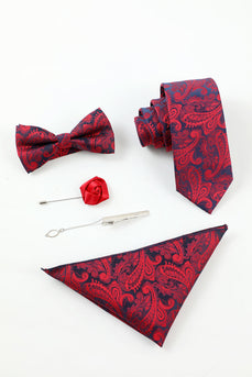 Burgundy Jacquard Men's 5-Piece Accessory Set Tie and Bow Tie Pocket Square Flower Lapel Pin Tie Clip