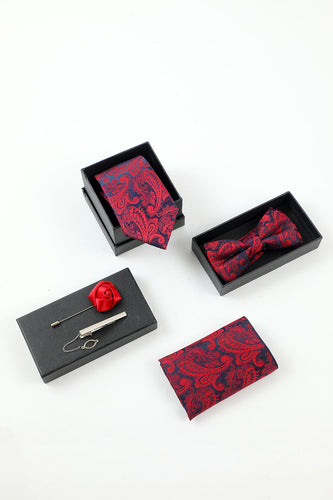 Burgundy Jacquard Men's 5-Piece Accessory Set Tie and Bow Tie Pocket Square Flower Lapel Pin Tie Clip