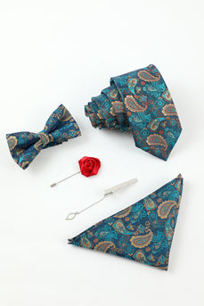 Lake Blue Jacquard Men's 5-Piece Accessory Set Tie and Bow Tie Pocket Square Flower Lapel Pin Tie Clip