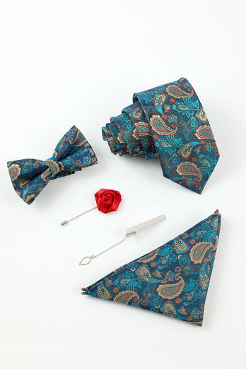 Lake Blue Jacquard Men's 5-Piece Accessory Set Tie and Bow Tie Pocket Square Flower Lapel Pin Tie Clip