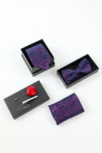 Purple Jacquard Men's 5-Piece Accessory Set Tie and Bow Tie Pocket Square Flower Lapel Pin Tie Clip