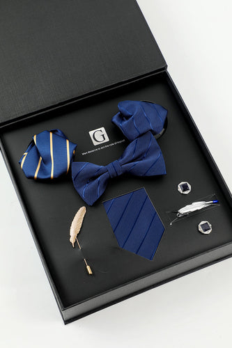 Royal Blue Men's Accessory Set Stripe Tie and Bow Tie Two Pocket Square Lapel Pin Tie Clip Cufflinks