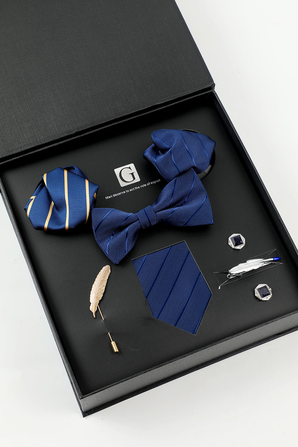 Royal Blue Men's Accessory Set Stripe Tie and Bow Tie Two Pocket Square Lapel Pin Tie Clip Cufflinks