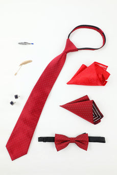 Red Men's Accessory Set Tie and Bow Tie Two Pocket Square Lapel Pin Tie Clip Cufflinks