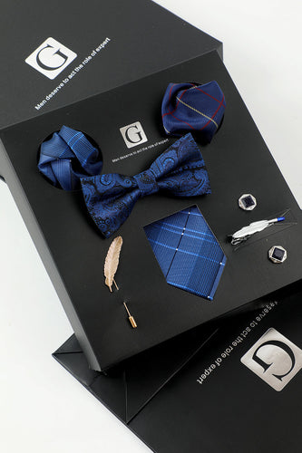 Royal Blue Men's Accessory Set Tie and Jacquard Bow Tie Two Pocket Square Lapel Pin Tie Clip Cufflinks