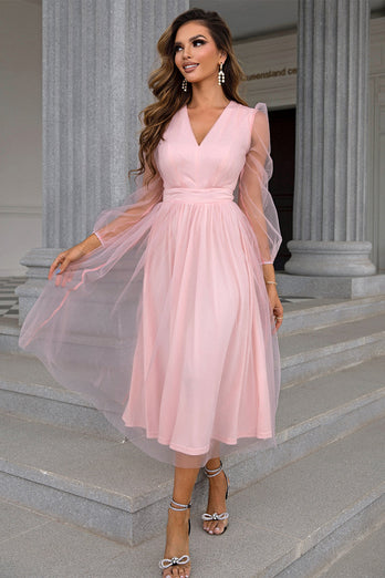 Tulle V-Neck Blush Long Formal Dress with Sleeves