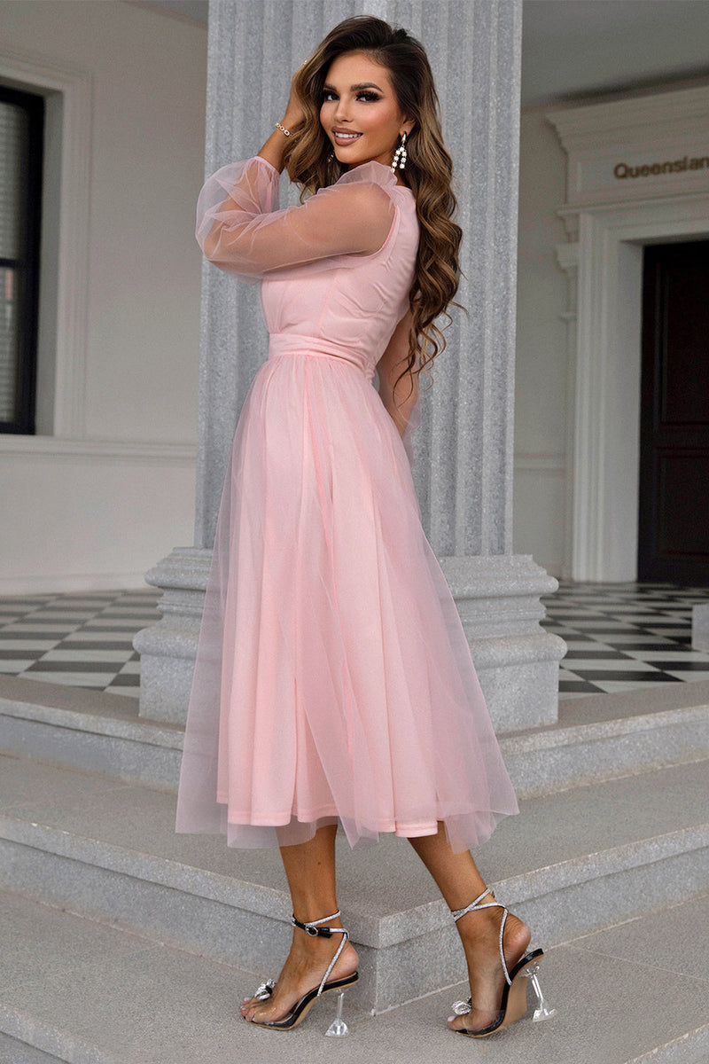 Load image into Gallery viewer, Tulle V-Neck Blush Long Formal Dress with Sleeves