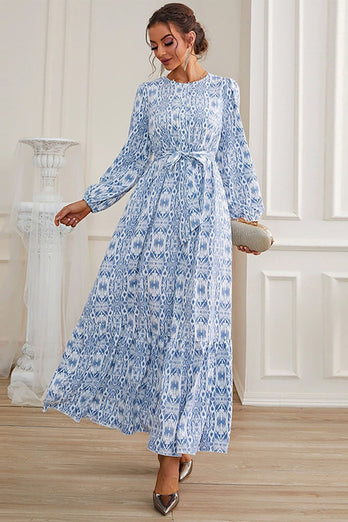 A-Line Blue Long Formal Dress with Long Sleeves