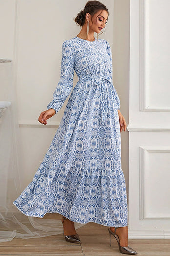 A-Line Blue Long Formal Dress with Long Sleeves