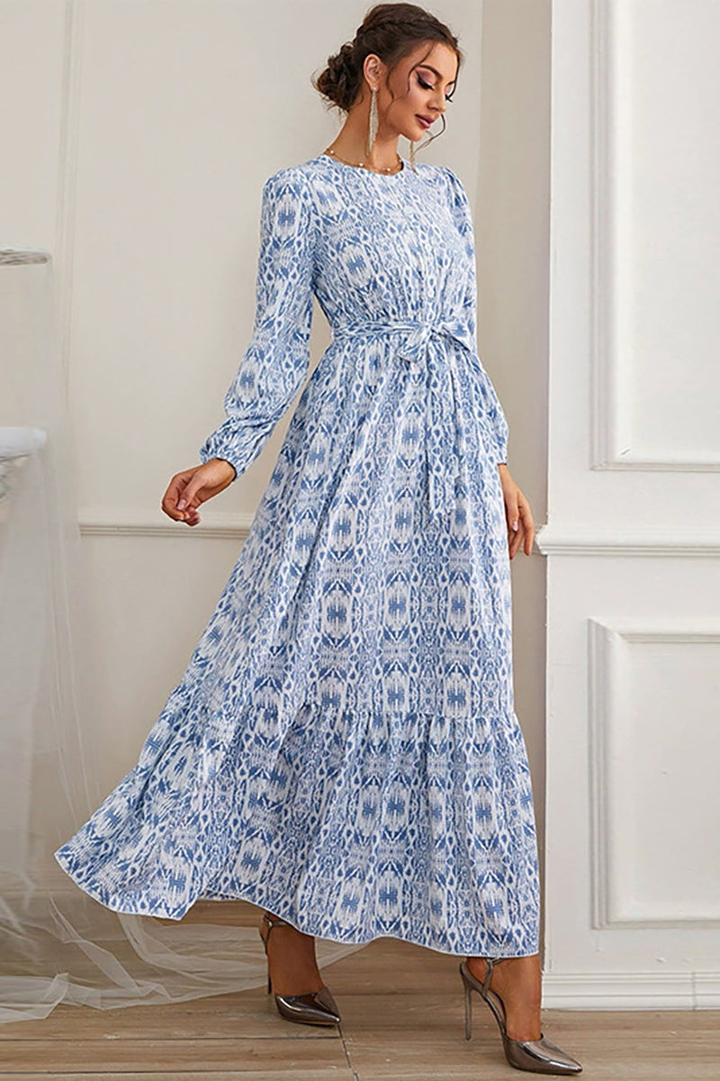 Load image into Gallery viewer, A-Line Blue Long Formal Dress with Long Sleeves