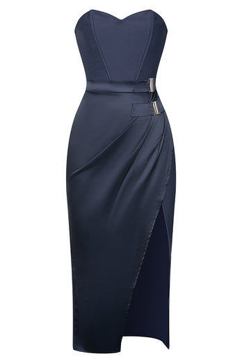 Navy Strapless Satin Bodycon Cocktail Dress with Slit